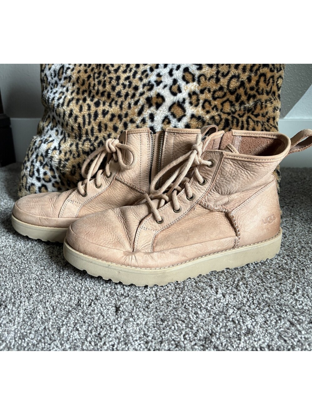 UGG Women's Beige Leather Lace-Up Ankle Boots